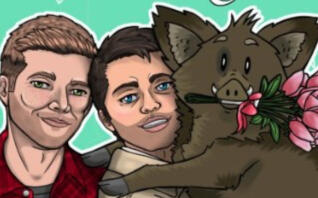 Dean, Castiel, and Fatback. Header by @LadyRandomBox